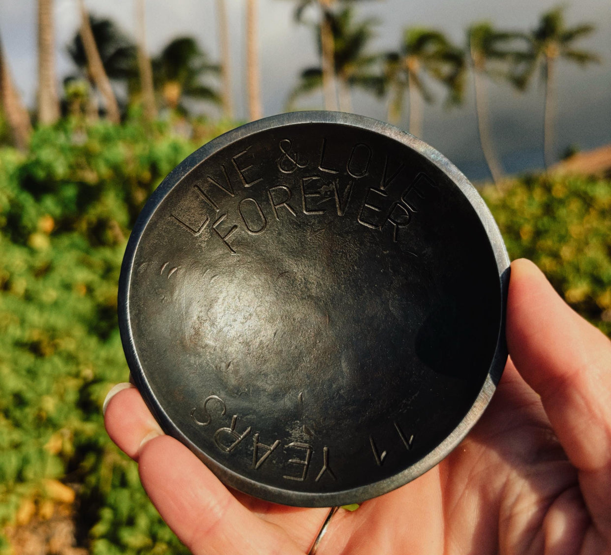 Personalized hand hammered finish steel 3.5 inch ring bowl